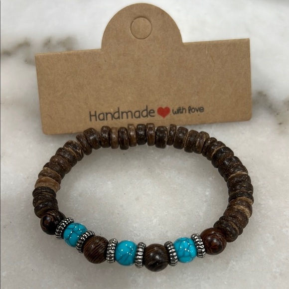 Handmade Brown and Turquoise Beaded Bracelet - Picture 1 of 3